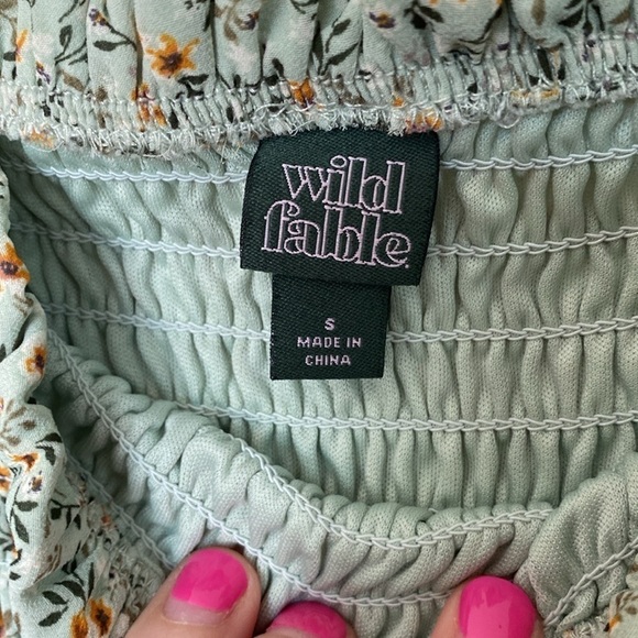 Wild Fable peasant cropped ruffle blouse green flowers women’s small ruched - Picture 4 of 6